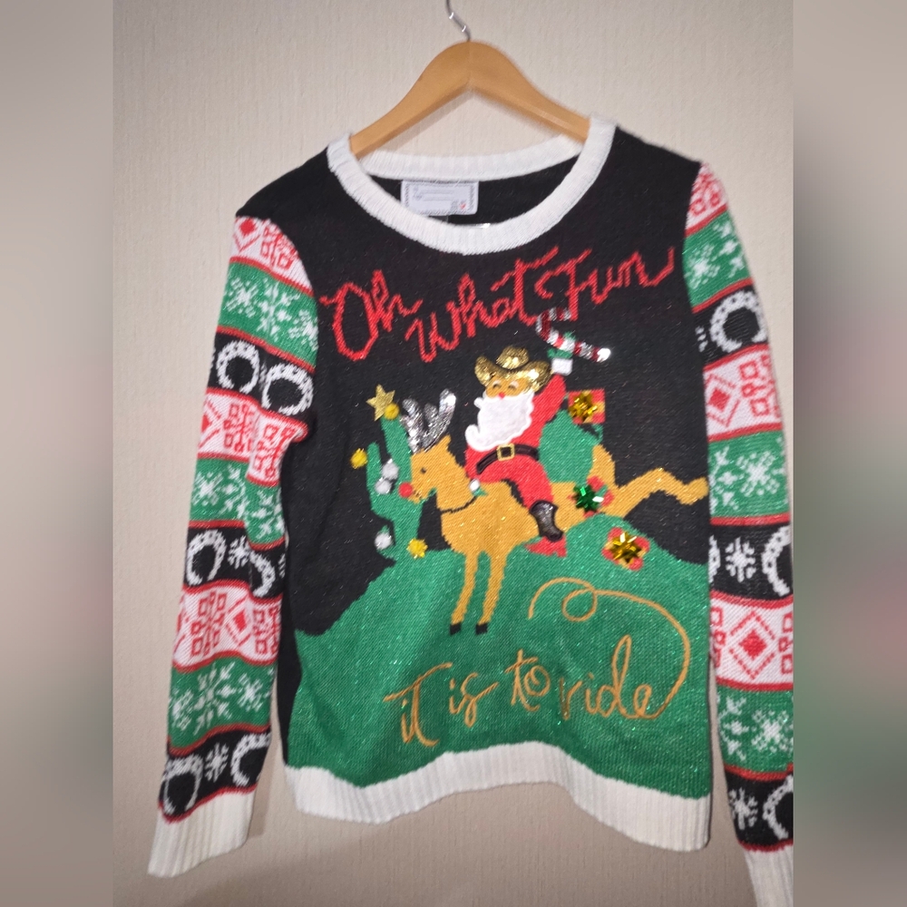 Derek Heart Sz L Rodeo Theme Christmas Sweater Red Green & Black